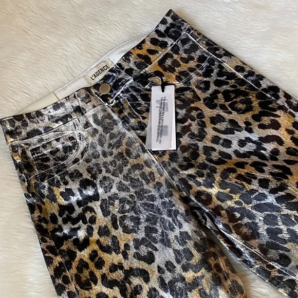 L'AGENCE Margot Metallic Foil Coated Leopard Print High Rise Crop Skinny…